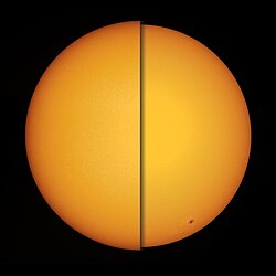 Angular size of the Sun at Earth's orbital periapsis called perihelion (max./closest, 2. to 5. January) and at apoapsis called aphelion (min./furthest, 3. to 6. July). The resulting 7% difference in solar intensity does not overpower geographic factors of climate, with seasons staying more moderate on the Southern Hemisphere due to having less landmass.