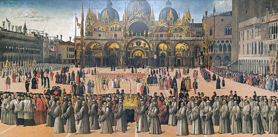 A relic of the True Cross being carried in procession through the Piazza San Marco, Venice. Gentile Bellini 15th century.