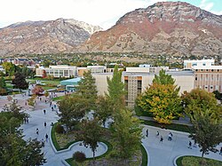 Photograph of Brigham Young University with a view of Y Mountain