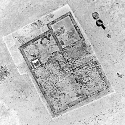 Inverted kite aerial photo of an excavation of a Roman building at Nesley near Tetbury in Gloucestershire.