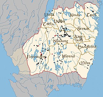 The small lands of Småland. The black and red spots indicate runestones. The red spots indicate runestones telling of long voyages.