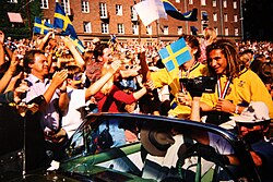 Larsson and his teammates being greeted by Swedish fans in Stockholm after the 1994 FIFA World Cup