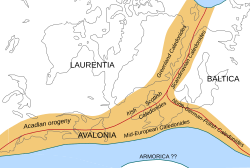 Euramerica in the Devonian (416 to 359 Ma) with Baltica, Avalonia (Cabot Fault, Newfoundland and Great Glen Fault, Scotland) and Laurentia