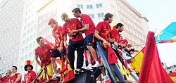 Torres celebrating with Spain at Plaza de España on 12 July 2010 after winning the 2010 FIFA World Cup