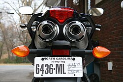 A temporary 30-day license plate on a motorcycle in North Carolina