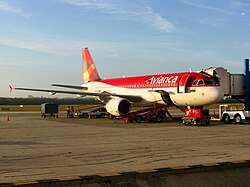 Avianca Airbus A320 at gate 5 arriving from Miami