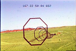 Illustration of a LandForm video map overlay marking runways, road, and buildings