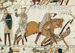 Section of the Bayeux Tapestry showing Harold (lower right) being killed at Hastings