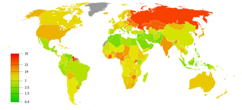 South Korea's suicide rate per 100,000 people compared to other countries, World Health Organization, 2016. According to researcher Peeter Värnik, a simple majority of total suicides occur in just six countries, South Korea is one of them.[1]