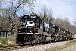 The Norfolk Southern Railway is a typical example of a Class I railroad in the eastern United States. Pictured is a locomotive from the Norfolk Southern Railway.