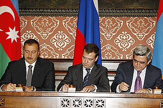 Presidents of Azerbaijan, Russia and Armenia Ilham Aliyev, Dmitry Medvedev and Serzh Sargsyan at moment of signing declaration about Nagorno-Karabakh