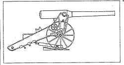 Long Tom drawing in manual, showing pivot plate, hydraulic recoil cylinder, chock and two kinds of trunnion cups.
