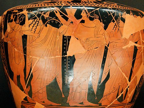 Hermes, Dionysos, Ariadne and Poseidon (Amphitrite is depicted on side B.). Detail from the belly of an Attic red-figure hydria, ca. 510 BC–500 BC. Louvre, Paris