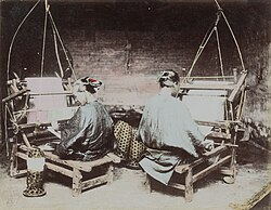 Two Chinese women making textiles, 19th century