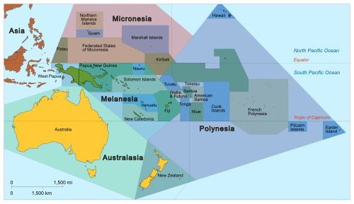Subregions (Melanesia, Micronesia, Polynesia, and Australasia), as well as sovereign and dependent islands of Oceania