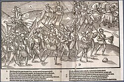 English soldiers return from a battle with cattle, severed Irish heads, and Irish captives, from The Image of Irelande, 1581