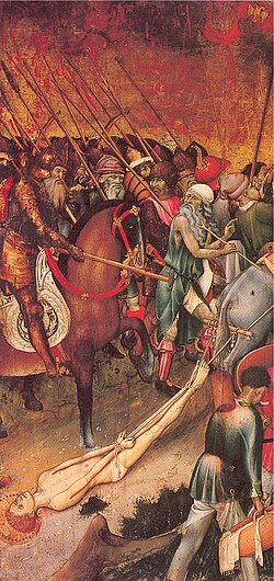 Saint George dragged through the streets (detail), by Bernat Martorell, 15th century
