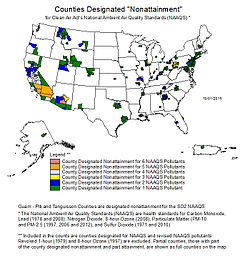 Counties in the United States where one or more National Ambient Air Quality Standards are not met, as of October 2015