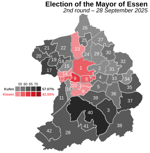 Map depicting leading candidate in each electoral district, shaded by share of votes