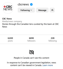 A screenshot of the Instagram page for CBC News. In place of its posts, a notice reads, "People in Canada can’t see this content  In response to Canadian government legislation, news content can’t be viewed in Canada" followed by a blue "Learn more" link