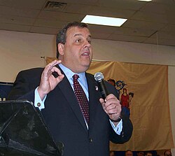 Christie at a February 2011 town hall meeting at Edison School in Union City, New Jersey