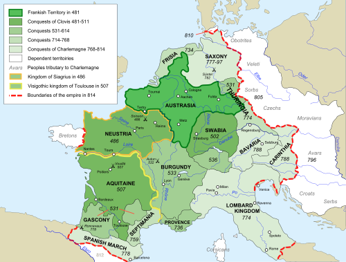 Map showing growth of Frankish power from 481 to 814