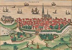 Malmö in 1594: Malmö Castle can be seen at far left, Sankt Petri Church's tower at centre.