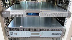 Top: video encoder, decoder and multiplexer, Bottom: Edge QAM turns video in IP packets over Ethernet from the device above and other devices, to RF QAM signals ready to be transmitted