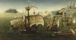 Painting showing 10 Portuguese vessels near a fortified walled town with a tower rising above the harbor where several vessels lie at anchor, wooded hills stretch into the background, and a distant island appears offshore, with colors shifting from brown-green in the foreground to blue in the distance.