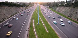 The Eastern Freeway, a typical dual carriageway in Melbourne, Australia