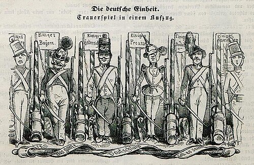 German unity as fiasco with each state viewing itself separate. Cartoon from Münchner Leuchtkugeln, 1848.Caption reads: "German Unity. A Tragedy in one Act."