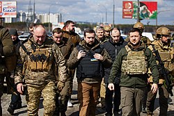 Zelenskyy in the Kyiv Oblast following the recapture of the region by Ukraine, 4 April