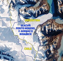 Map of the glacier with the internation border made in 1998.