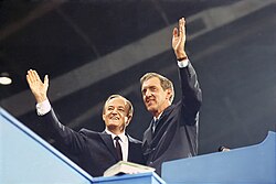 Vice President Hubert Humphrey and U.S. Senator Edmund Muskie wave from the podium at the 1968 Democratic National Convention in Chicago