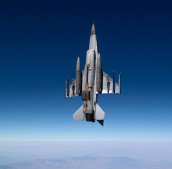 The underside of an F-16 during a vertical climb