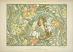 Color lithograph Langage des Fleurs (Language of Flowers) by Alphonse Mucha (1900)