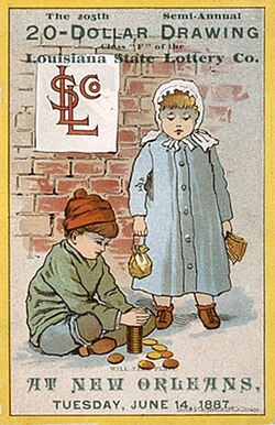 An advertisement for the Louisiana State Lottery drawing from 1887, showing schoolchildren who would presumably benefit from the purchase of lottery tickets.