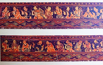 A scene of historic paragons of filial piety, Chinese painted artwork on a lacquered basketwork box, excavated from an Eastern-Han tomb in Lelang Commandery.