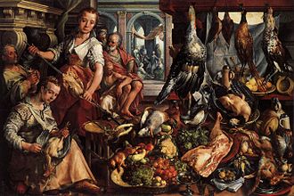 Joachim Beuckelaer (1533–1575), Kitchen scene, with Jesus in the house of Martha and Mary in the background (1566), 171 × 250 cm (67.3 × 98.4 in).