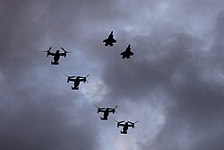 U.S. Marine Corps F-35B Lightning II aircraft with Marine Fighter Attack Squadron (VMFA) 542 and MV-22B Ospreys, tiltrotor aircraft, with Marine Medium Tiltrotor Squadron (VMM) 774 and VMM-764 perform a formation flight over New Orleans, Feb. 7, 2025. (U.S. Marine Corps photo by Lance Cpl. Van Hoang)