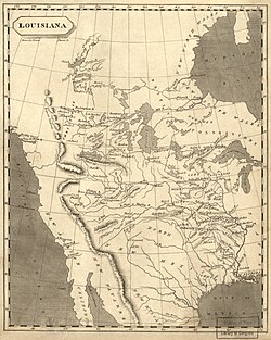An 1804 map of "Louisiana", bounded on the west by the Rocky Mountains