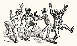 Four blackface performers making exaggerated movements with arms and legs.