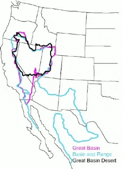 The hydrographic Great Basin (magenta outline), distinguished from the Great Basin Desert (black), and the Basin and Range Geological Province (teal).[3]