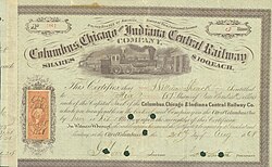 Share of the Columbus, Chicago and Indiana Central Railway Company, issued 21 August 1868