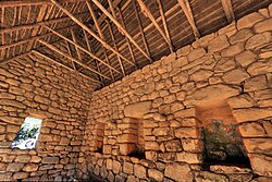 Inside view of an Inca roof in one of the few reconstructed buildings of Machu Picchu
