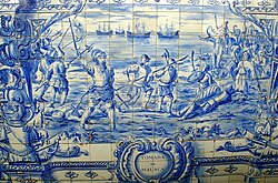 "The Taking of Malacca" depicted in an azulejo tile panel at the Military Museum of Lisbon, made in 1925.