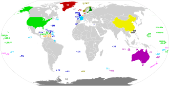 Dependent territories and their sovereign states. All territories are labeled according to ISO 3166-1[note 1] or with numbers.[note 2] Colored areas without labels are integral parts of their respective countries. Antarctica is shown as a condominium instead of individual claims.