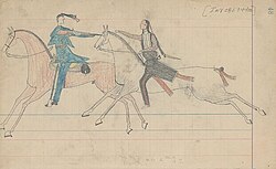 Ledger drawing of an Arapaho warrior in battle with a U.S. soldier on horseback.