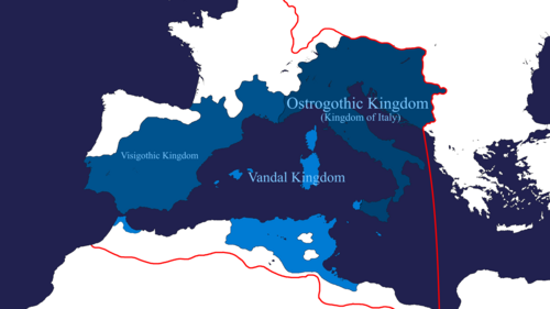 Theodoric's empire at the height of its power in 523, with territory marked in blue ruled directly by Theodoric and light blue areas under his hegemony