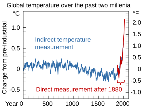 Global surface temperature reconstruction over the past 2000 years using proxy data from tree rings, corals, and ice cores in blue.[44] Directly observed data is in red.[45]